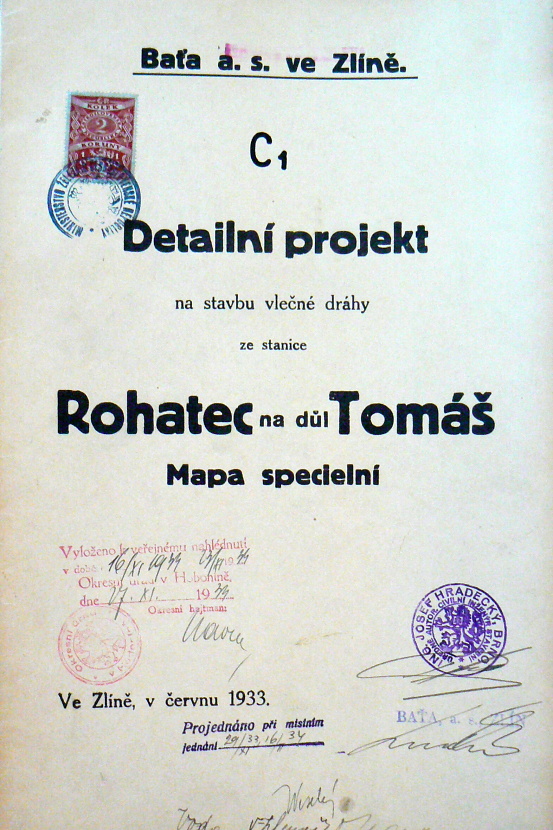 Titulní strana detailního projektu budoucí důlní vlečné dráhy Rohatec - Důl Tomáš z června 1933. Sbírka Leoš Tomančák